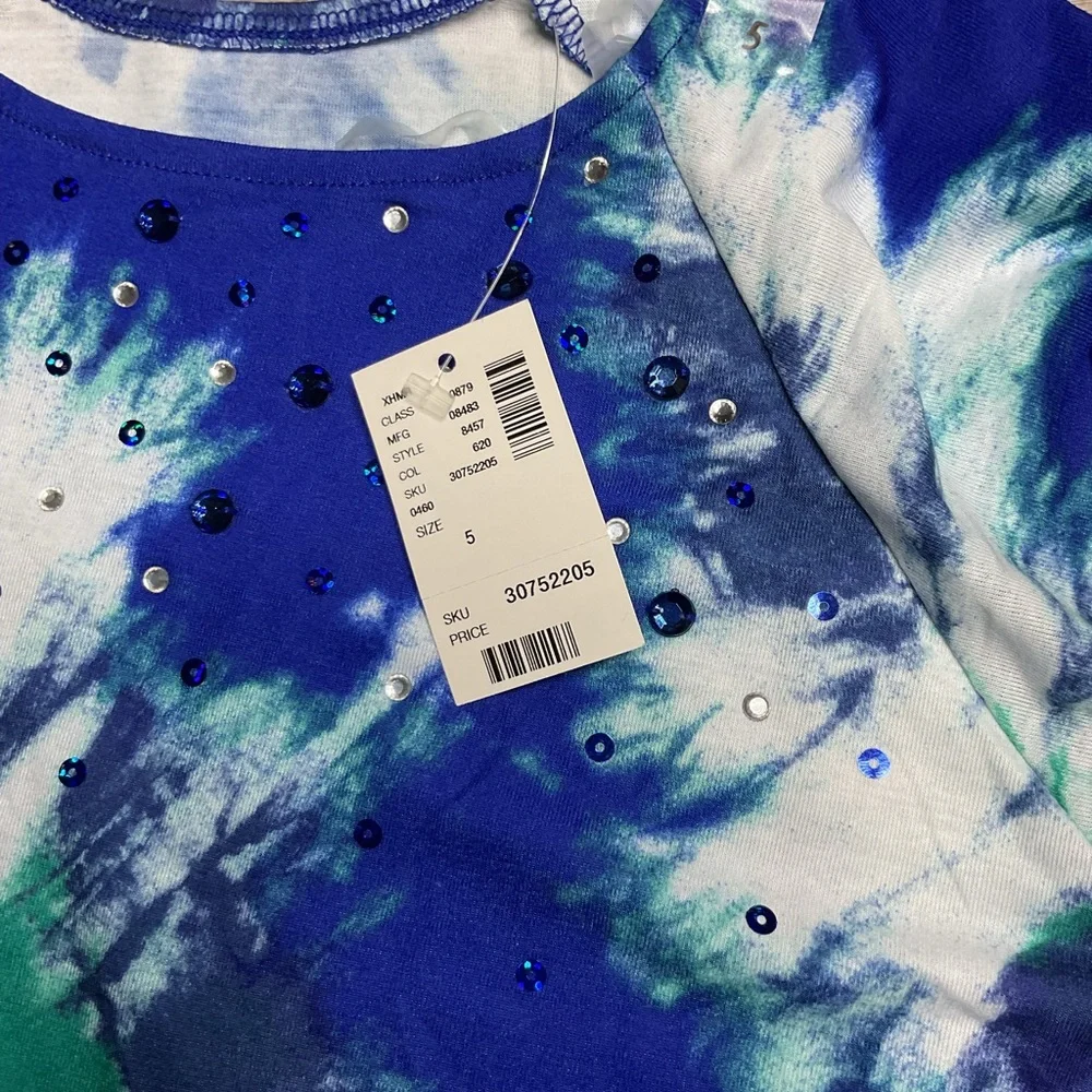 JUSTICE SIZE  5 CROP  SEQUIN T-SHIRT TOP‎ Blue Green Tie Dye NWT